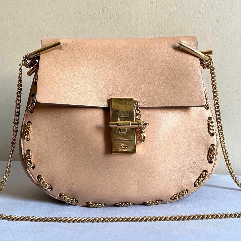 Chloe Blush Pink Leather Flap Crossbody with Gold Chain